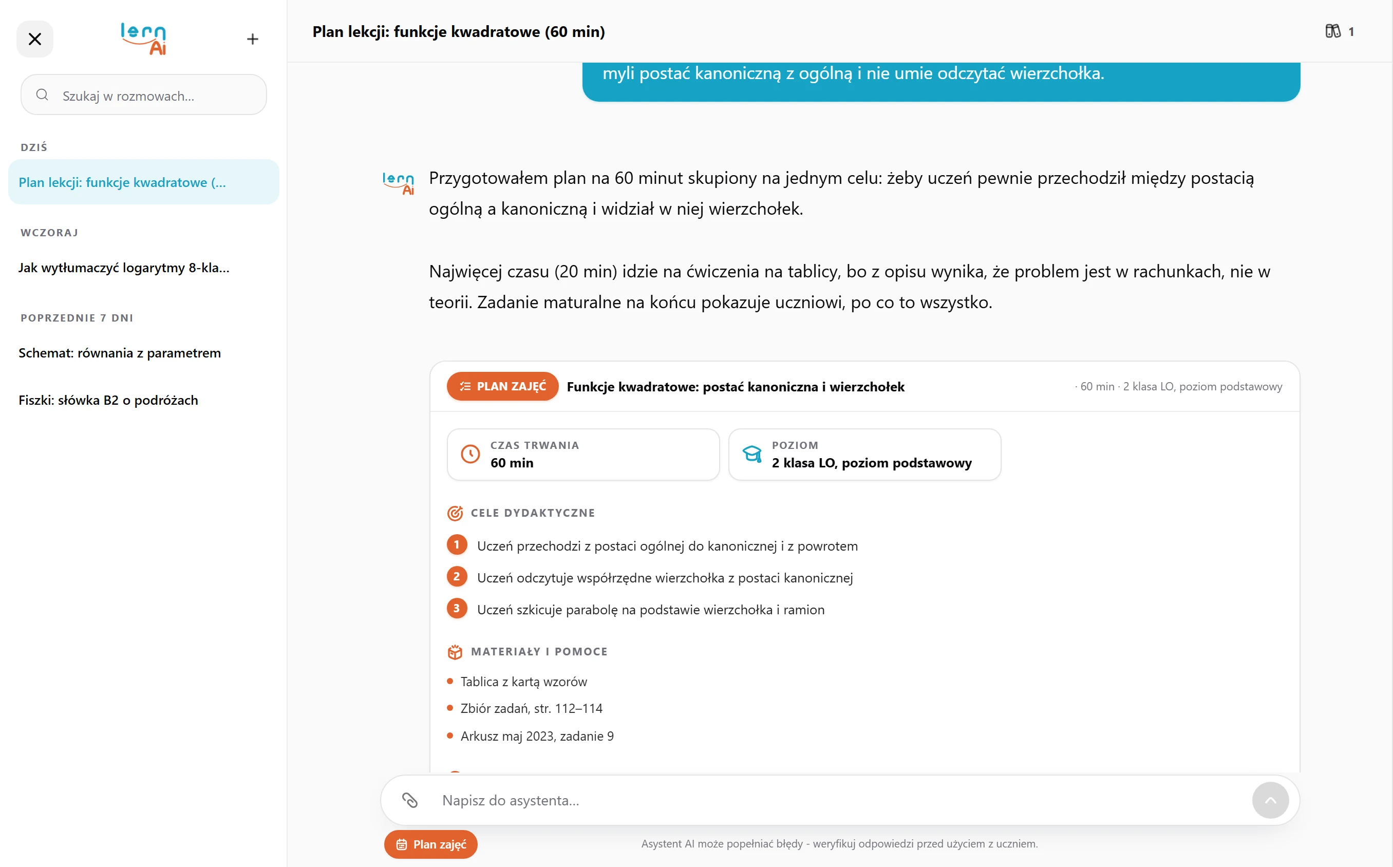 Lern KI-Assistent: fertiger Unterrichtsplan zu quadratischen Funktionen mit Zielen und Materialien