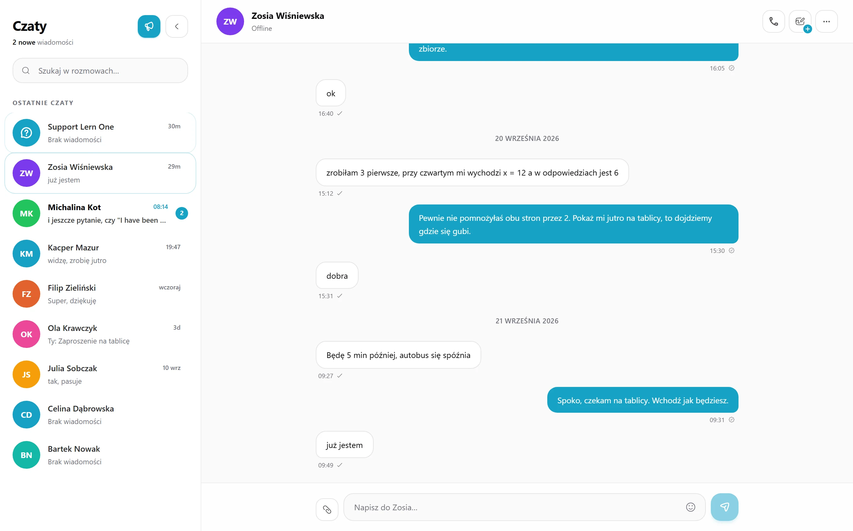 Chats in Lern: Gesprächsliste mit Schülern und Verlauf mit Zosia zur Stunde