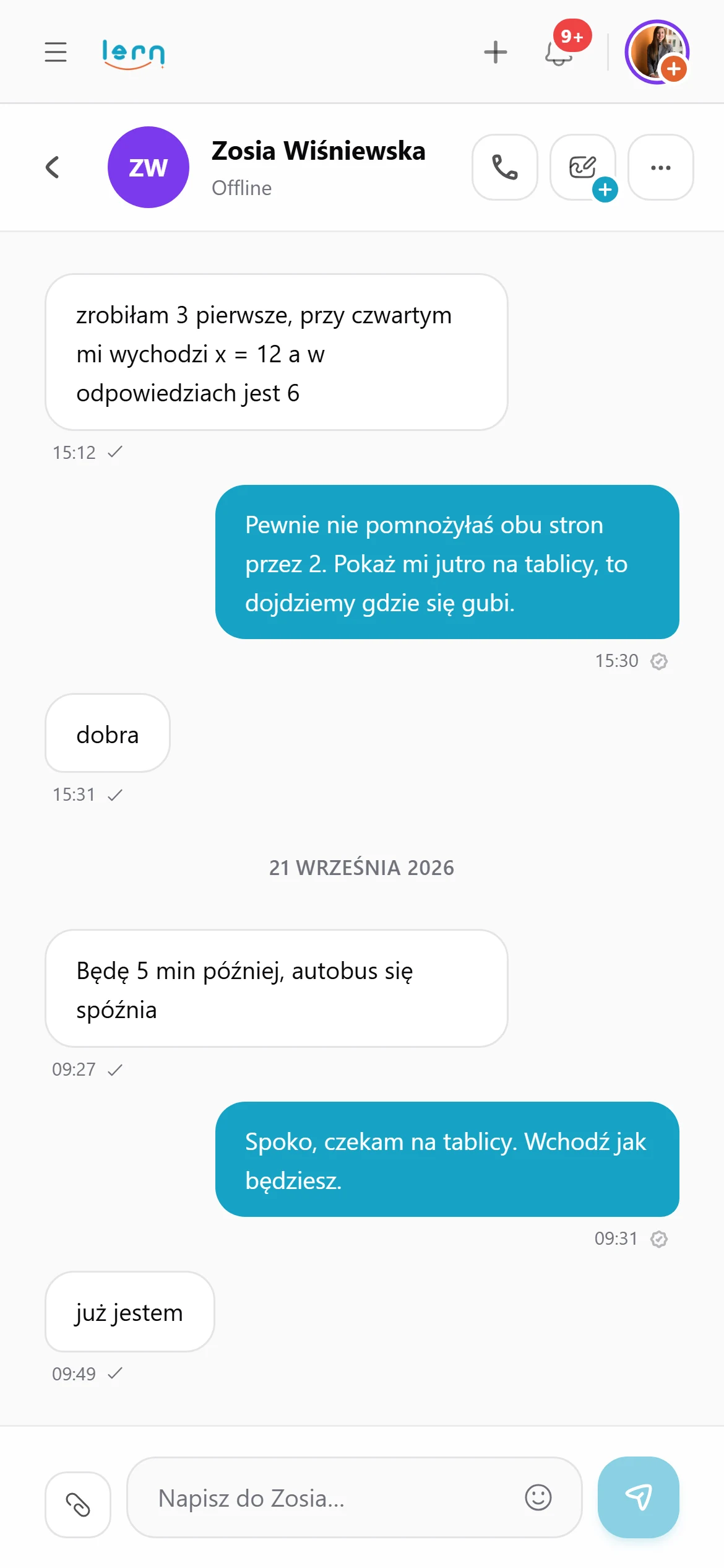 Czat z uczniem w aplikacji Lern na telefonie