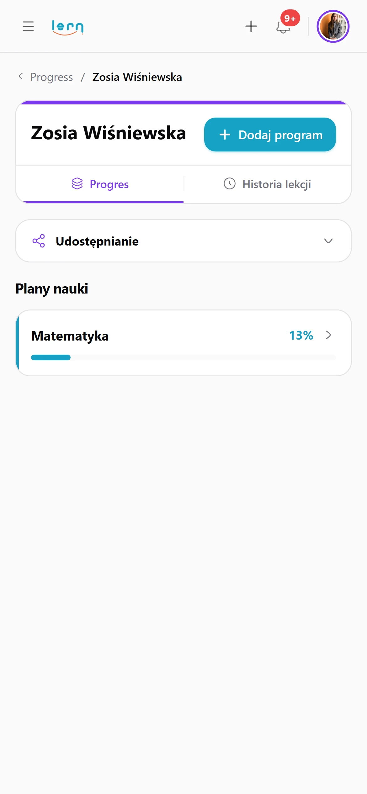 Lernfortschritt in der Lern-App am Handy: Lernplan mit Prozentwert