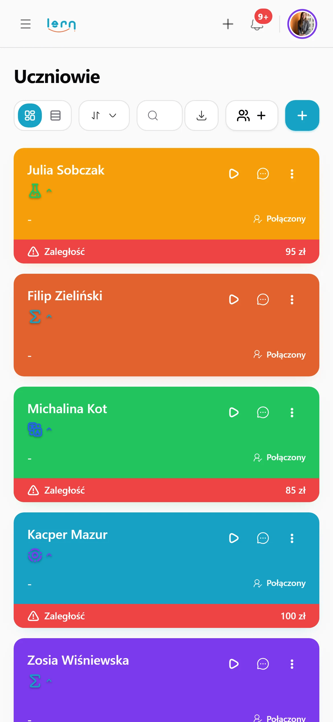 Lista uczniów w aplikacji Lern na telefonie